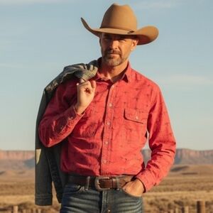 Barn Fly Trading Co. Red Longhorn Print Western Snap Button Down Shirt - Medium